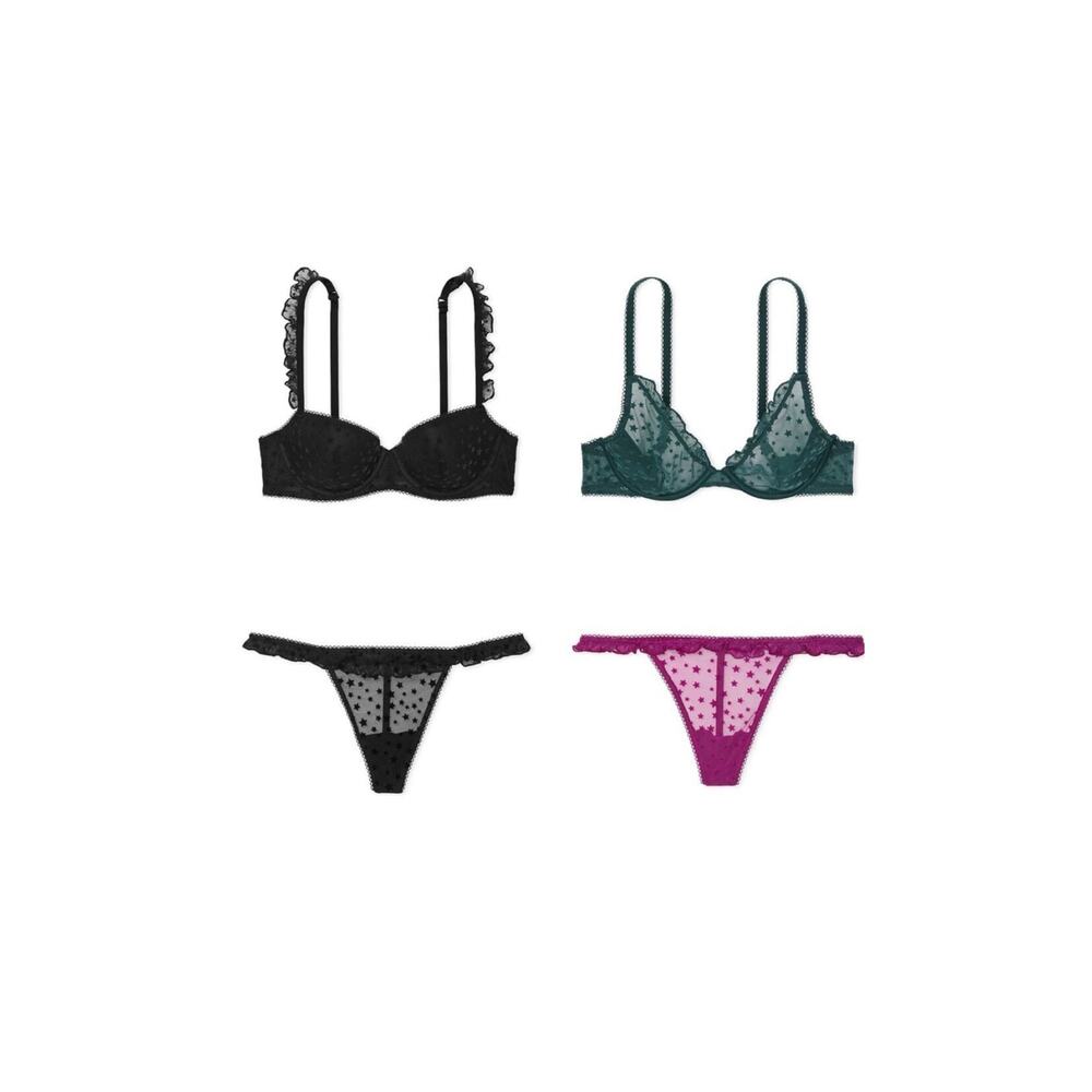 4 pc set Victoria Secret Pink Star Chaser Ruffle Underwire Bras Thong Sets